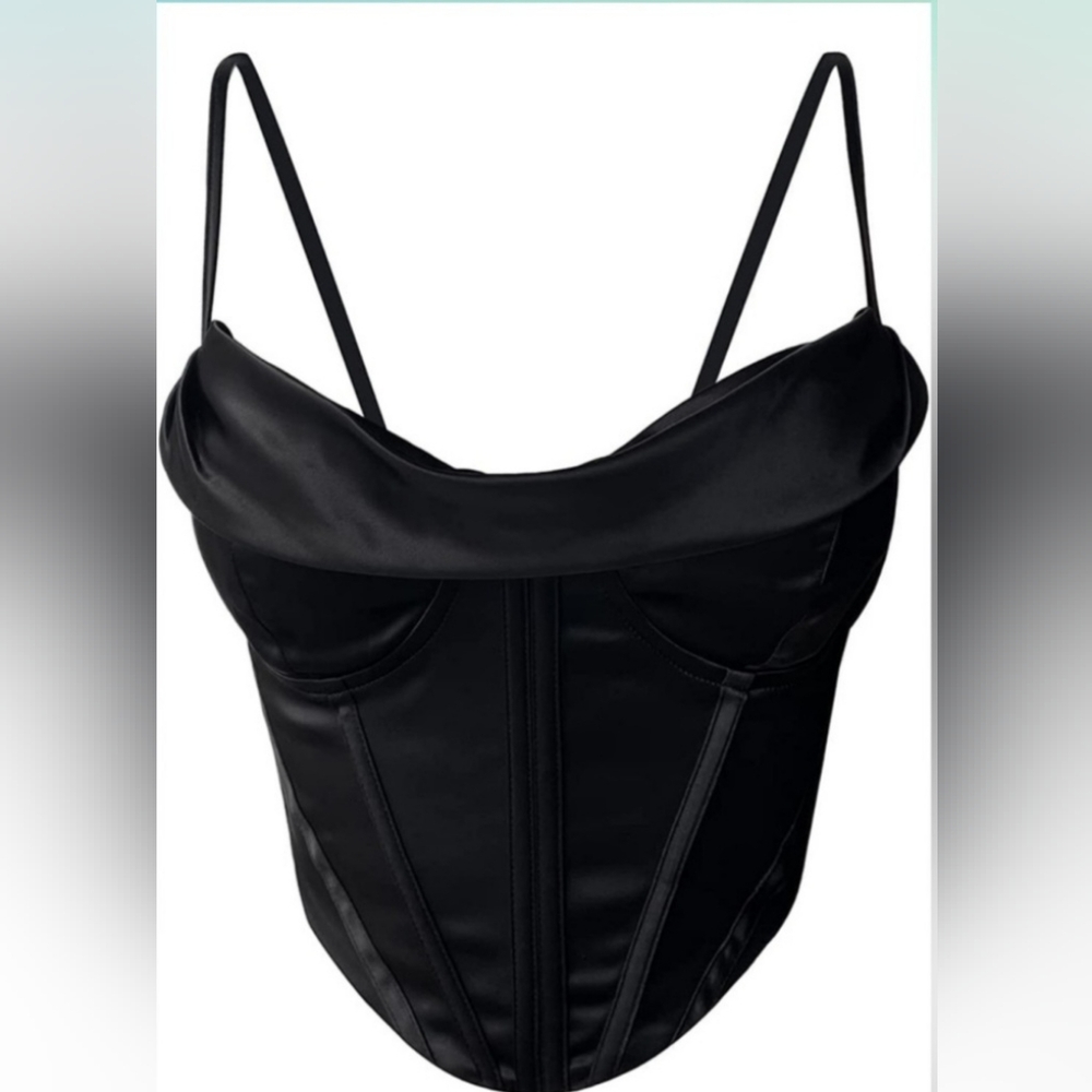Women’s satin cowl neck spaghetti strap bustier corset crop top - Picture 2 of 5